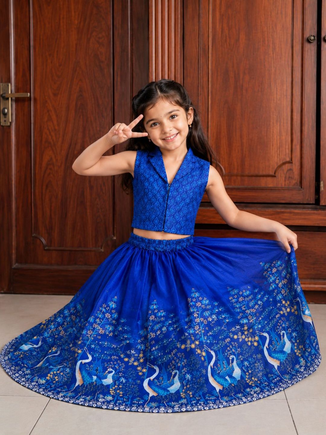 Girls Navy Blue Digital Printed Ready to wear Lehenga with Choli