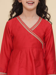 Solid Three-Fourth Sleeves Above Knee Length Silk Kurta With Trousers - Red