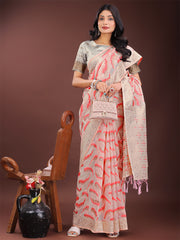 Elegant Beige & Coral Linen Saree with Zari Border and Abstract Pattern – Premium Festive & Office Wear