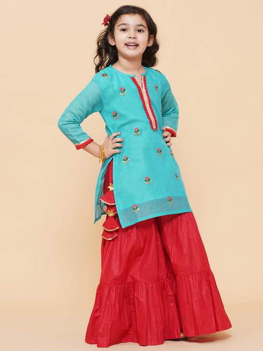 Silk blend Woven Three-Quarter Sleeves Embroidered A Line Kurta And Sharara Set - Sea Green