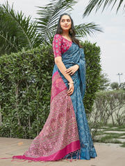 Women's Silk Blend Blue Digital Print Celebrity Saree With Blouse Piece