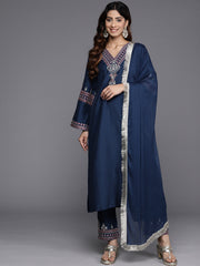Women Blue Embroidered Straight Kurta   Paired With Tonal Embroidered Bottom And With Tonal  Chiffon Dotted Dupatta