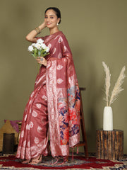 Green Floral Linen Cotton Saree with Zari Border & Digital Printed Pallu – Elegant Sari for Festive Occasions
