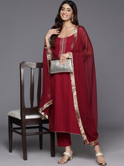 Women Maroon Round Neck, Spaghetti Strap Style Straight Kurta Paired With Tonal Bottom And Dupatta