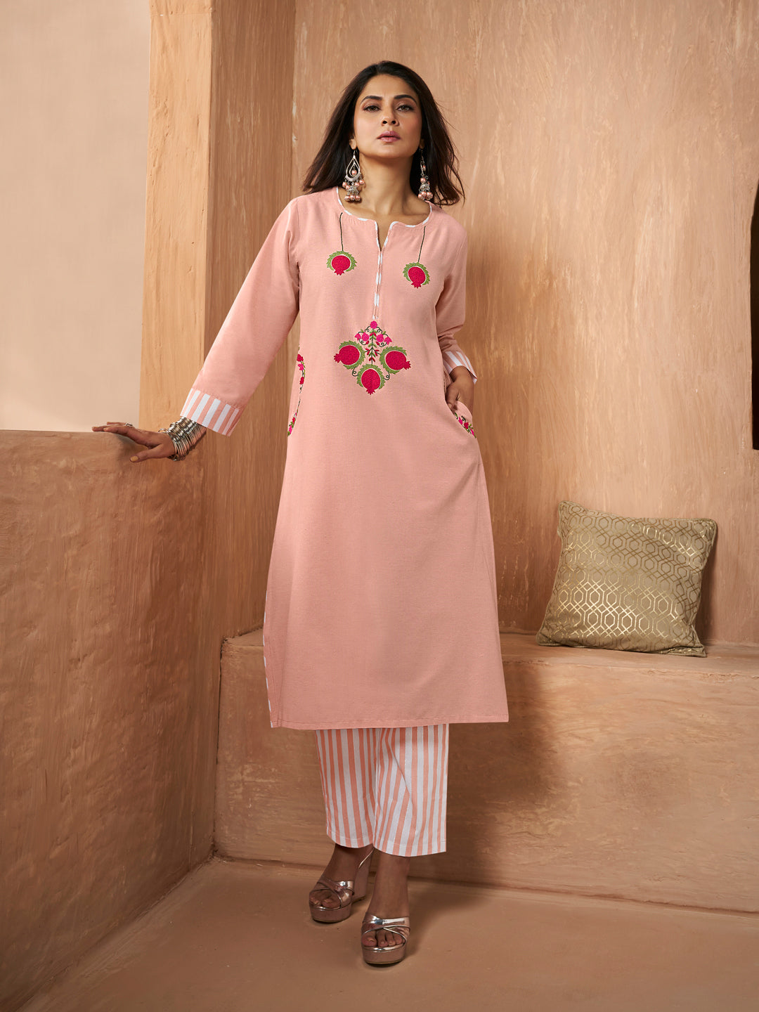 Peach Floral Embroidery Straight Kurta Set
