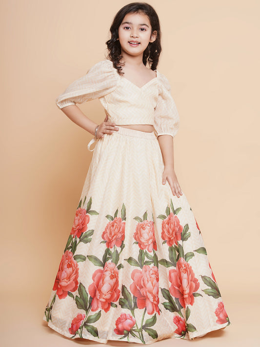 Girls Beige Peacock Printed Ready to wear Lehenga with Choli