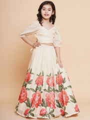 Girls Beige Peacock Printed Ready to wear Lehenga with Choli
