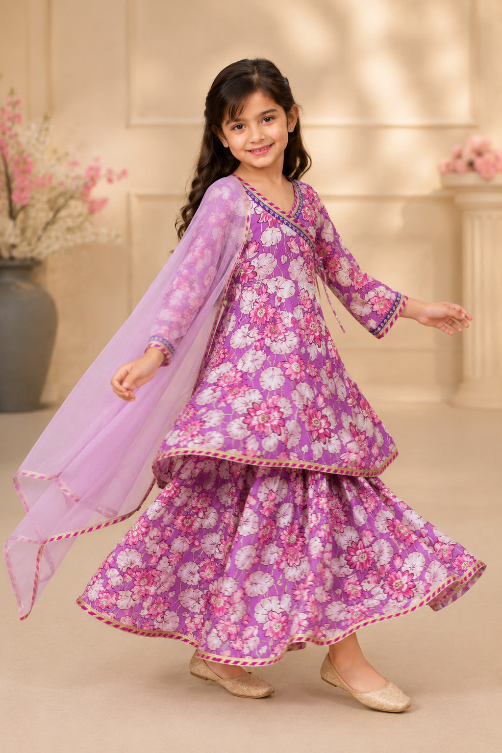 Girls Purple Floral Printed Kurta With Sharara And Pink Dupatta
