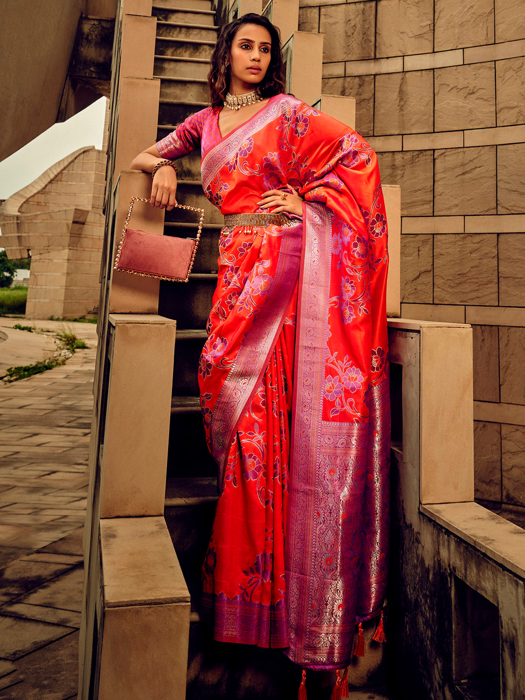 Women's Satin Silk Red Woven Design Designer Saree With Blouse Piece
