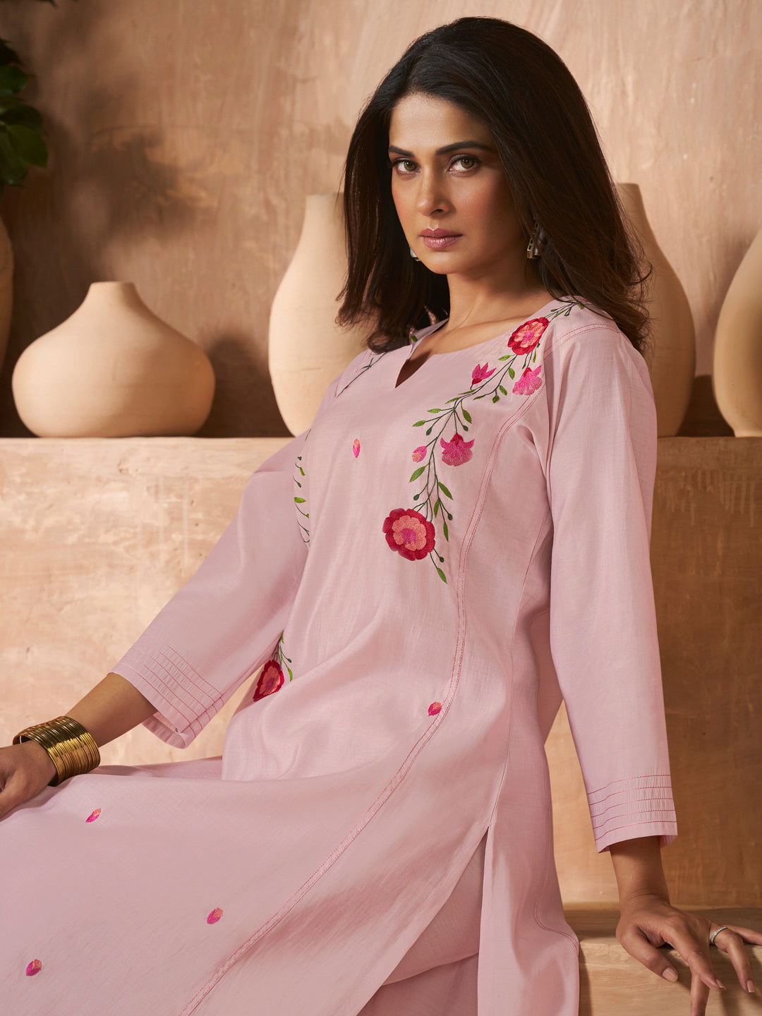 Peach Floral Embroidery Kurta Set with Dupatta