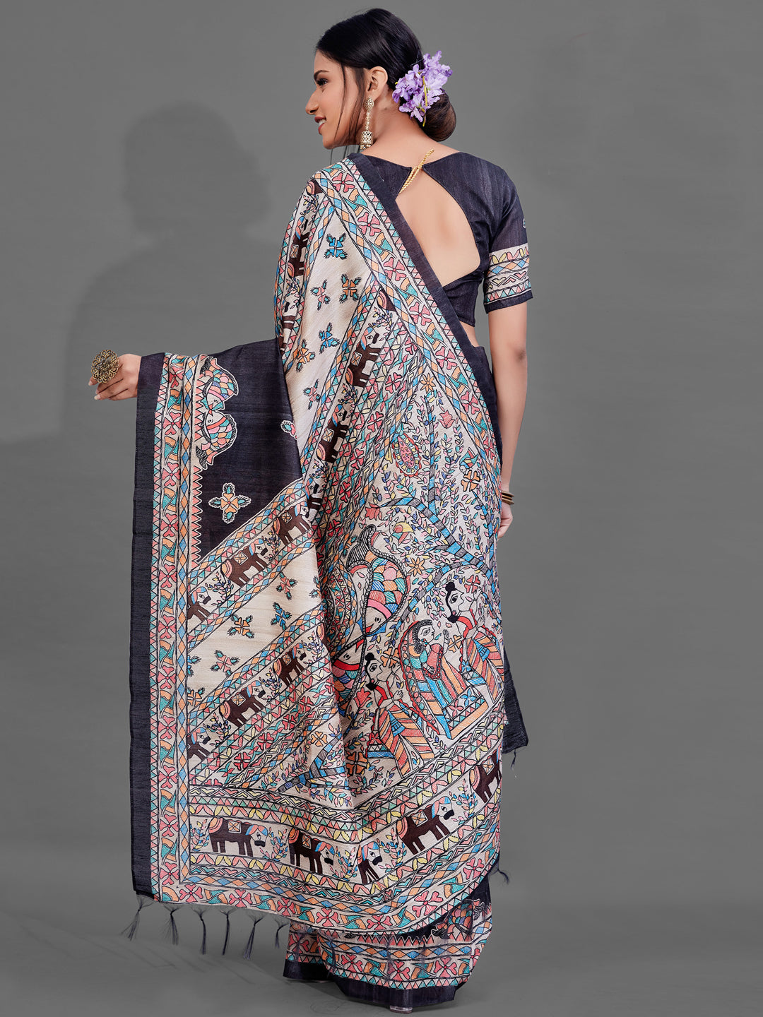 Women's Manipuri Silk Black DigitalPrint DesignerSaree With Blouse Piece
