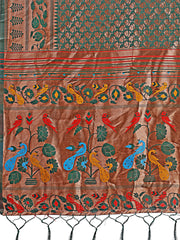 Vibrant Copper & Blue Banarasi Silk Saree with Colorful Pallu – Perfect Blend of Tradition and Festive Elegance