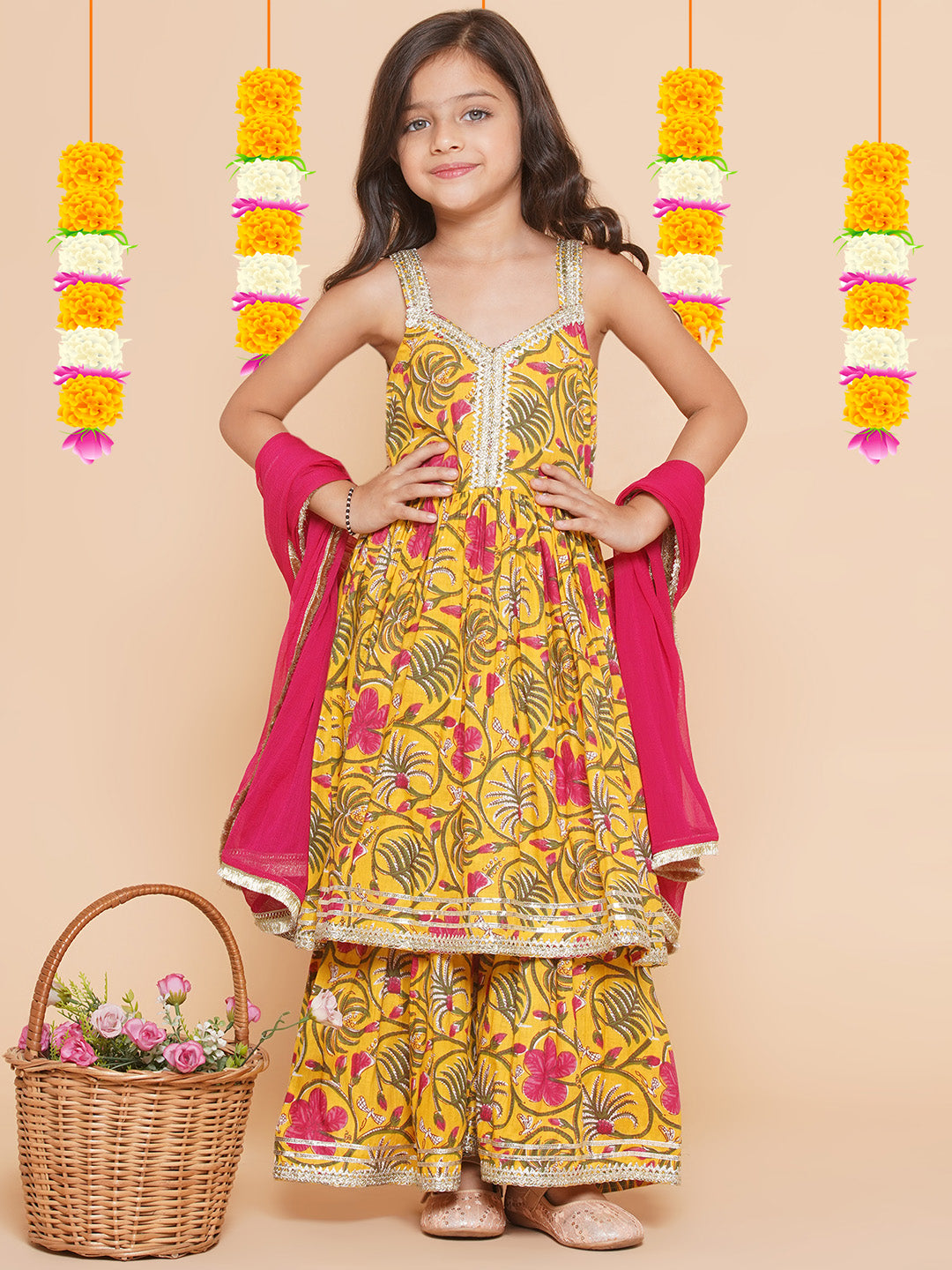 cotton  Woven Sleeveless Floral Print A Line Kurta And Sharara With Dupatta Set - Yellow