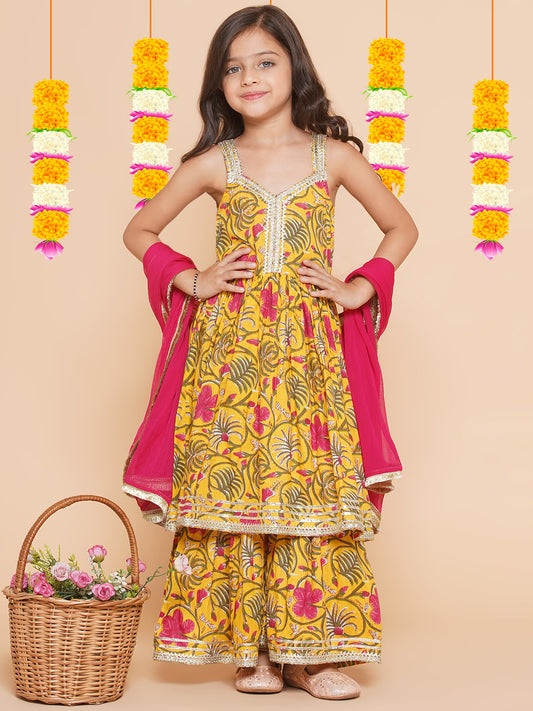 cotton  Woven Sleeveless Floral Print A Line Kurta And Sharara With Dupatta Set - Yellow