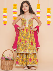 cotton  Woven Sleeveless Floral Print A Line Kurta And Sharara With Dupatta Set - Yellow