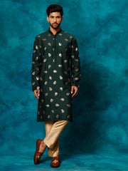 Vastramay-Men's Green And Rose Gold Cotton Blend Kurta Pyjama Set