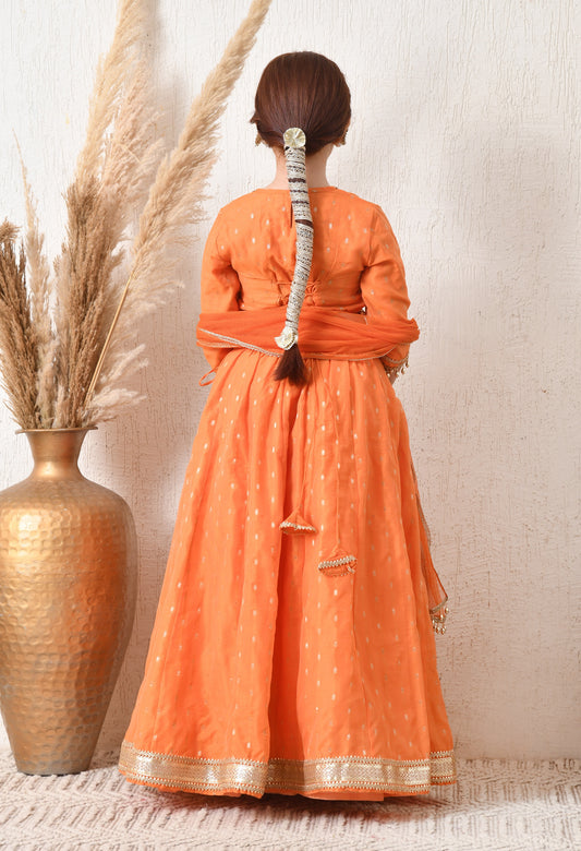 Girls Orange Embroidered Lehenga Choli Set with Net Dupatta