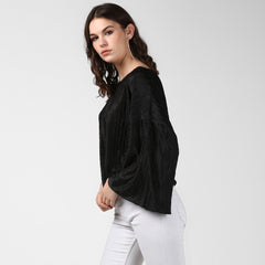 Women's Satin Black V Pleat Detail Top