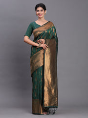 Navy Blue Banarasi Silk Saree with Copper Zari Woven Pallu & Feather Butta – Wedding & Festive Wear