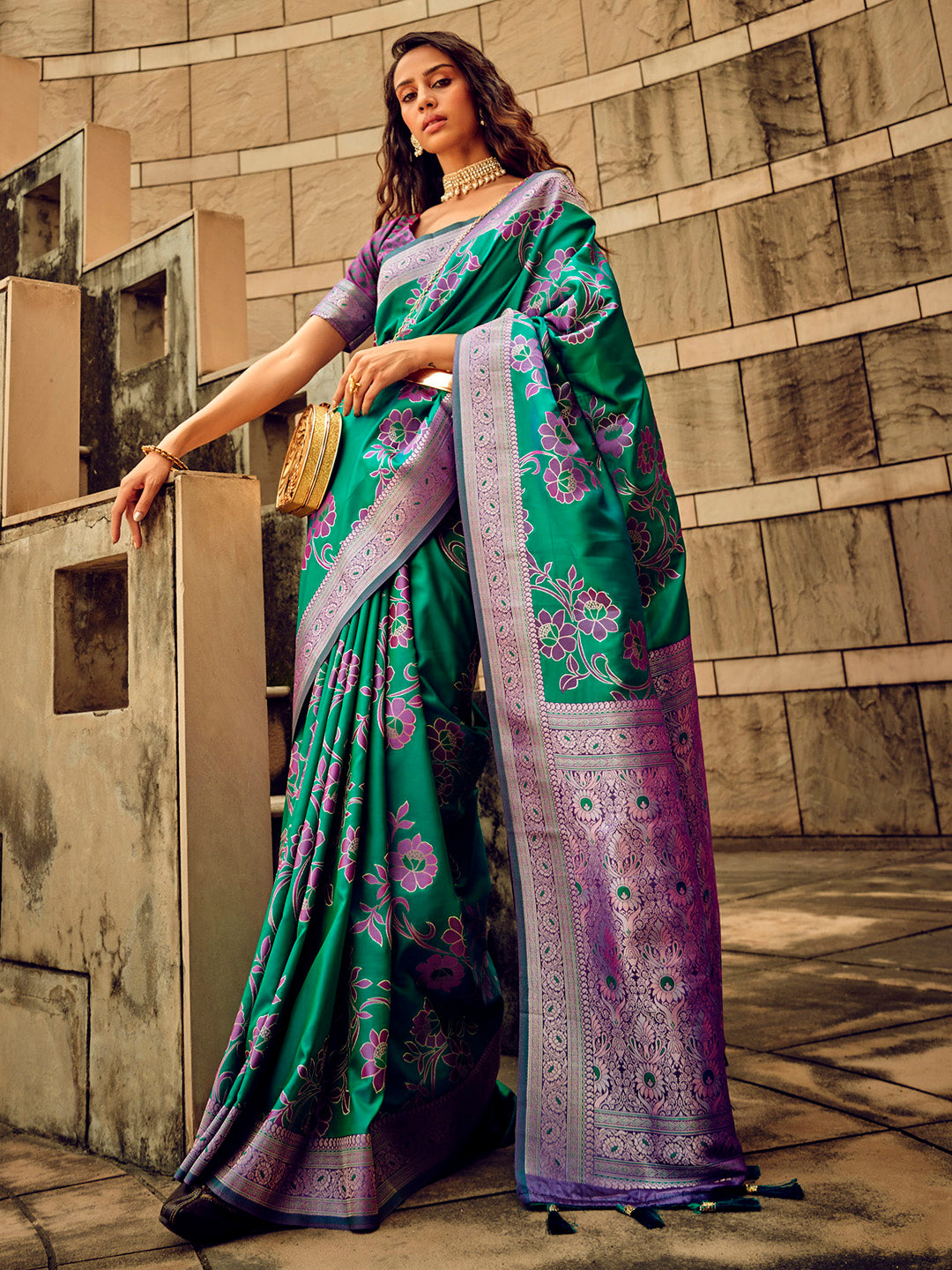 Women's Satin Silk Teal green Woven Design Designer Saree With Blouse Piece