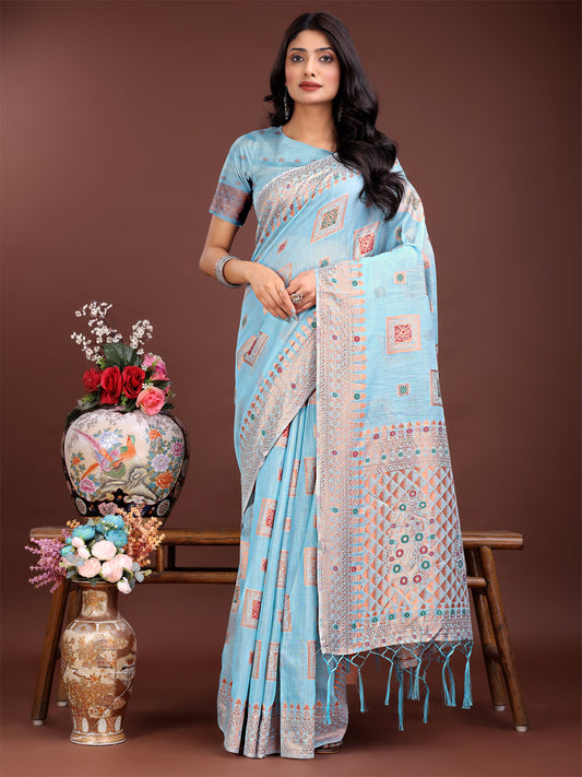 Elegant Sky Blue Linen Saree with Intricate Woven Patterns – Lightweight Grace for Everyday and Festive Moments