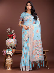 Elegant Sky Blue Linen Saree with Intricate Woven Patterns – Lightweight Grace for Everyday and Festive Moments