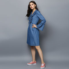 Women's Denim Draw String and Bell Sleeve Dress