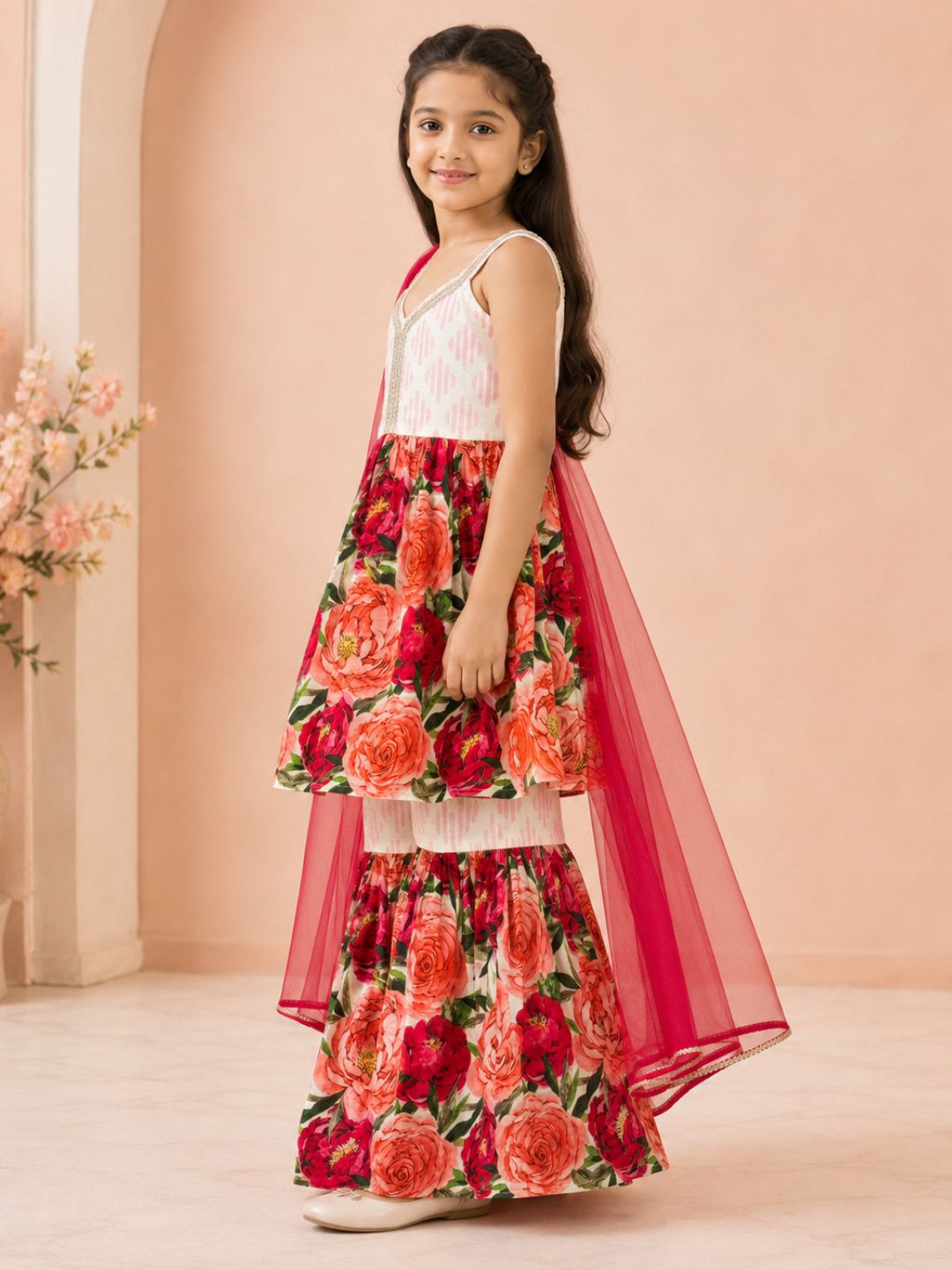 Girls Floral printed Kurta with Sharara and Red Dupatta