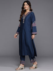 Women Blue Embroidered Straight Kurta   Paired With Tonal Embroidered Bottom And With Tonal  Chiffon Dotted Dupatta