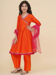 Solid Three-Fourth Sleeves Above Knee Length Silk Kurta & Trousers With Dupatta - Orange