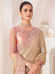 ساري نسائي فاخر من الشيفون الكريمي النقي مزين بتطريزات أنيقة، مع قطعة بلوزة.