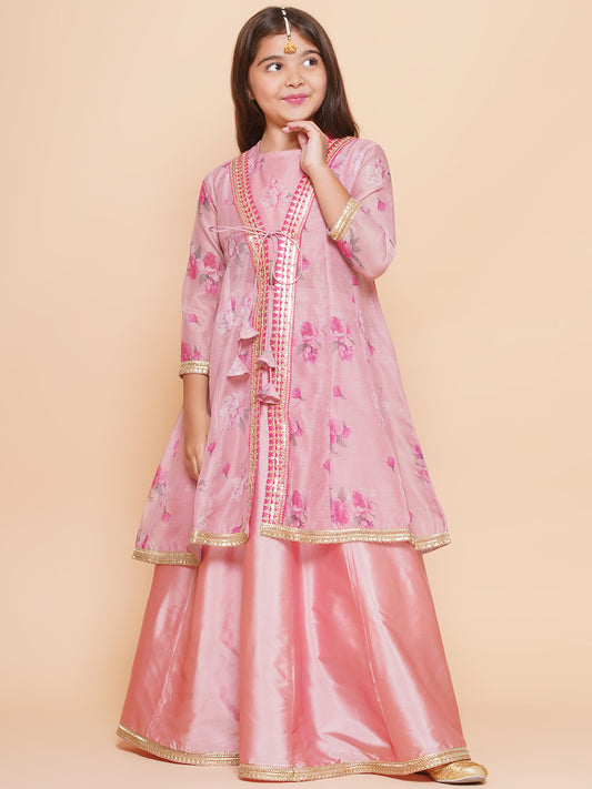 Girls Pink Floral Printed Shrug & Ready to Wear Lehenga With Blouse.
