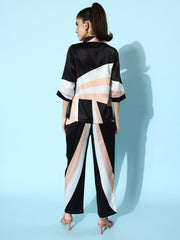 Women's Black & Beige Satin Shirt and Trousers Co-ord Set