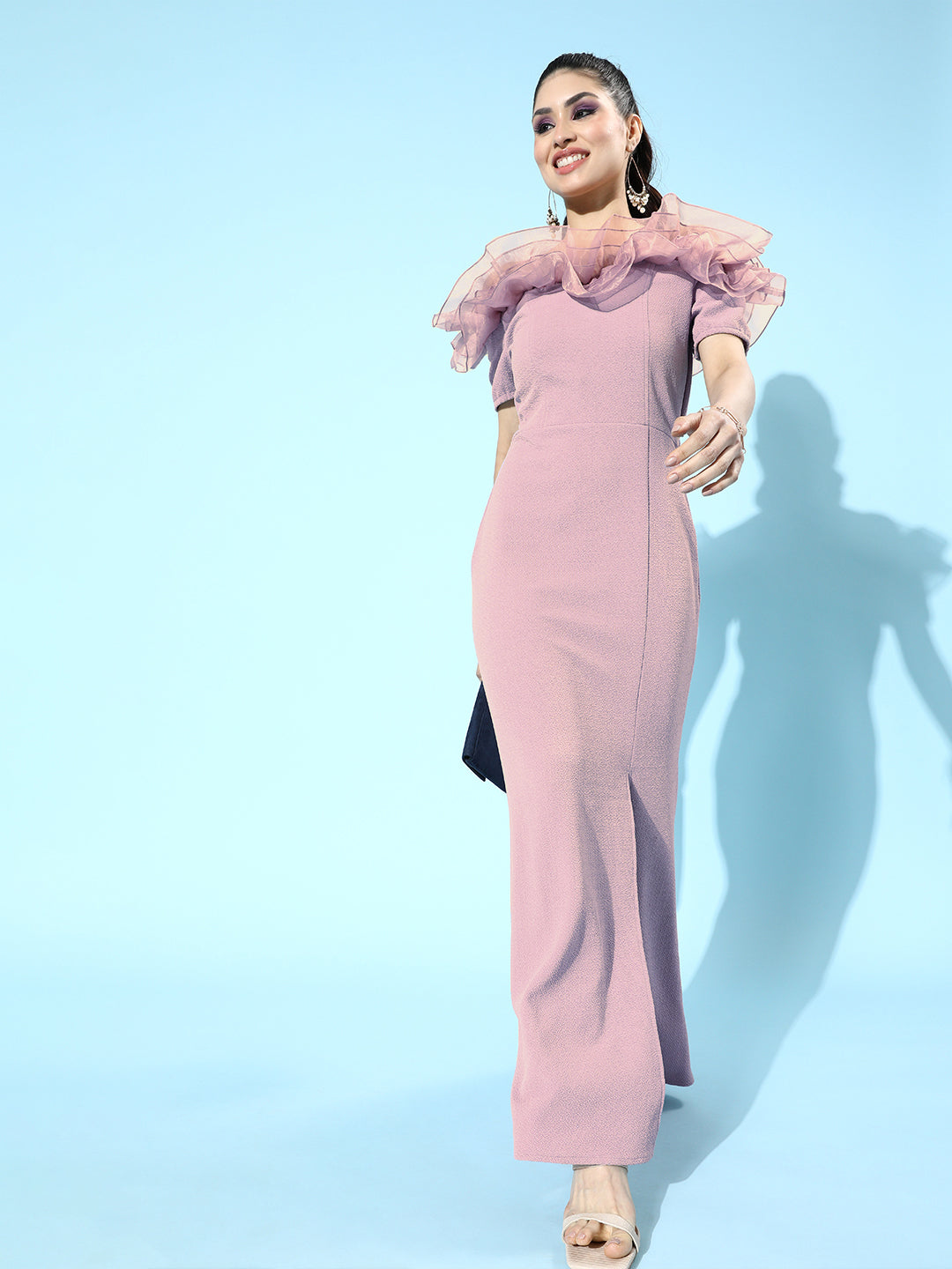 Lavender Scuba Bodycon Maxi Tulle Dress with Ruffled Shoulder