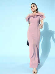 Lavender Scuba Bodycon Maxi Tulle Dress with Ruffled Shoulder