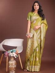 Elegant Olive Green Linen Cotton Saree with Zari Border & Woven Motifs – Perfect for Sophisticated Everyday & Festive Looks