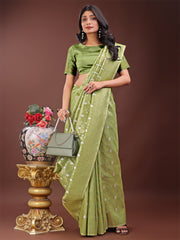 Elegant Light Green Linen Saree with Silver Zari Butta & Pallu – Daily Wear | Festive Look | Soft Feel