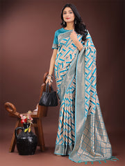 Elegant Pink & Cream Linen Saree with Geometric Design and Zari Border – Festive & Party Wear
