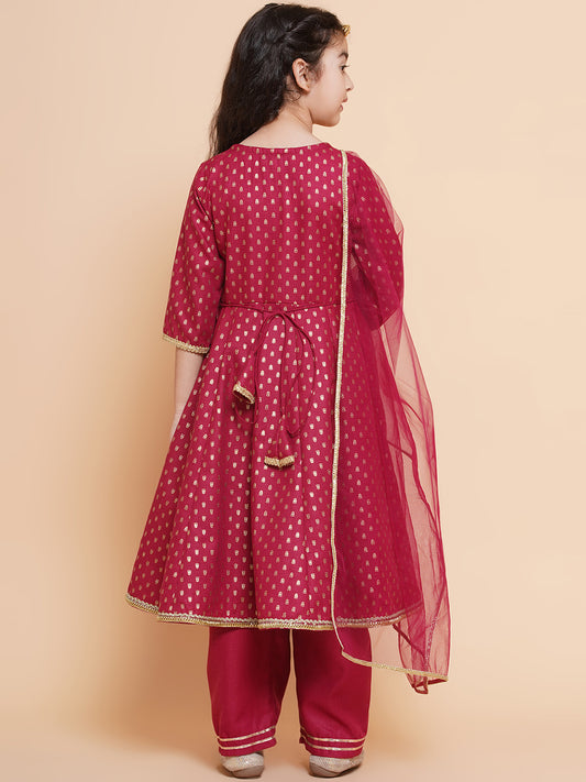 Girls Ethnic Motifs Printed Angrakha Pure Cotton Kurta with Trousers & Dupatta