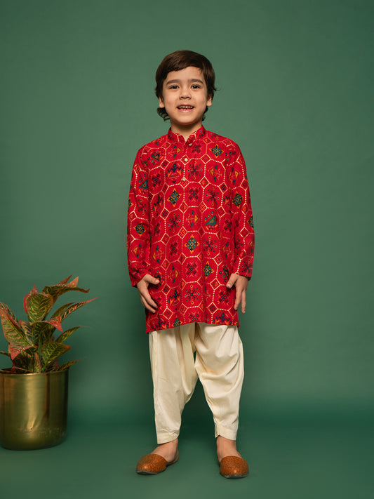 Boys' Red Kurta and Patiala Set