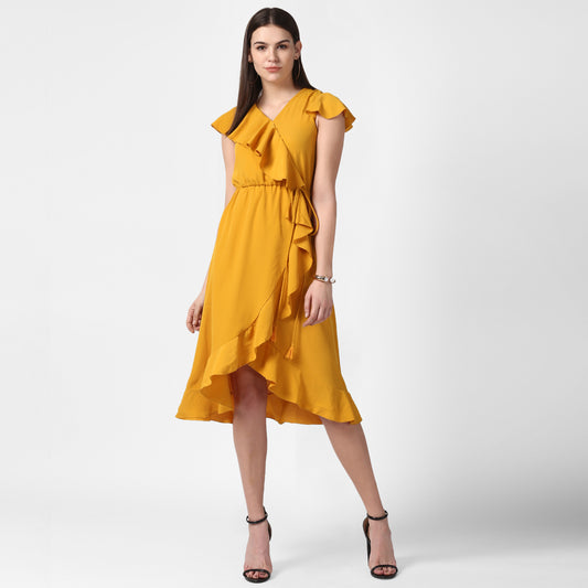 Women's Yellow Front Ruffle Dress