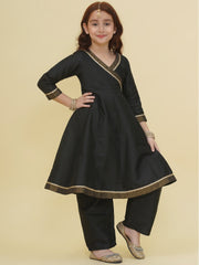 Girls Black Angrakha Kurta with Trousers