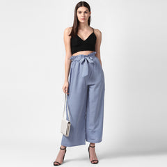 Women's Blue Stripe Paperbag Pants with elasticated waistband