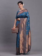 Navy Blue Banarasi Silk Saree with Copper Zari Woven Pallu & Feather Butta – Wedding & Festive Wear