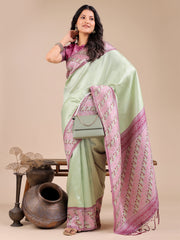Radiant Sky Blue Silk Saree with Pink & Blue Floral Pattern – Perfect for Weddings & Festive Glamour