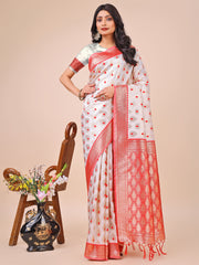 Elegant Banarasi Cotton Saree with Zari Leaf Motifs and Rich Pallu - Traditional Indian Saree for Festive & Wedding Wear