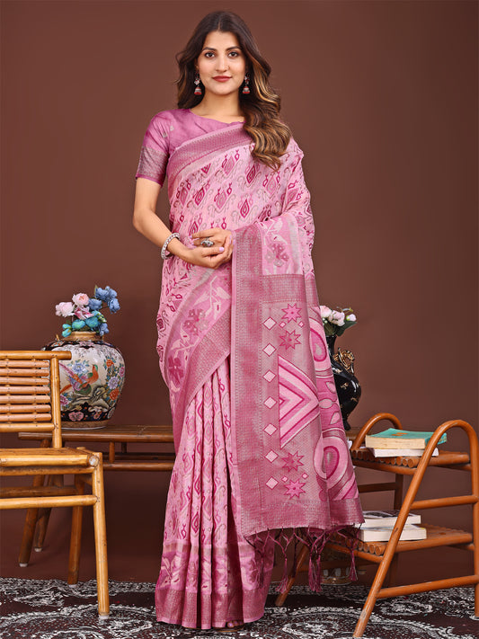 Grace in Every Thread: Pink Patola Linen Cotton Saree Woven with Cultural Elegance