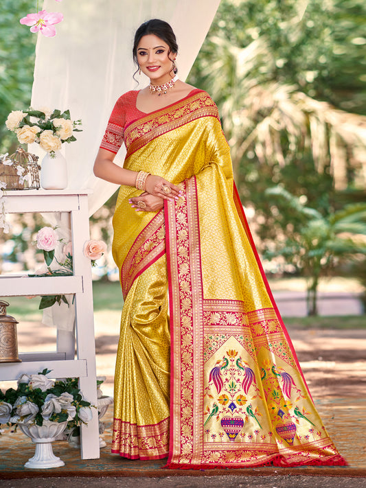 Traditional Yellow Kanjivaram Silk Saree with Rich Red Border and Peacock Pallu Design