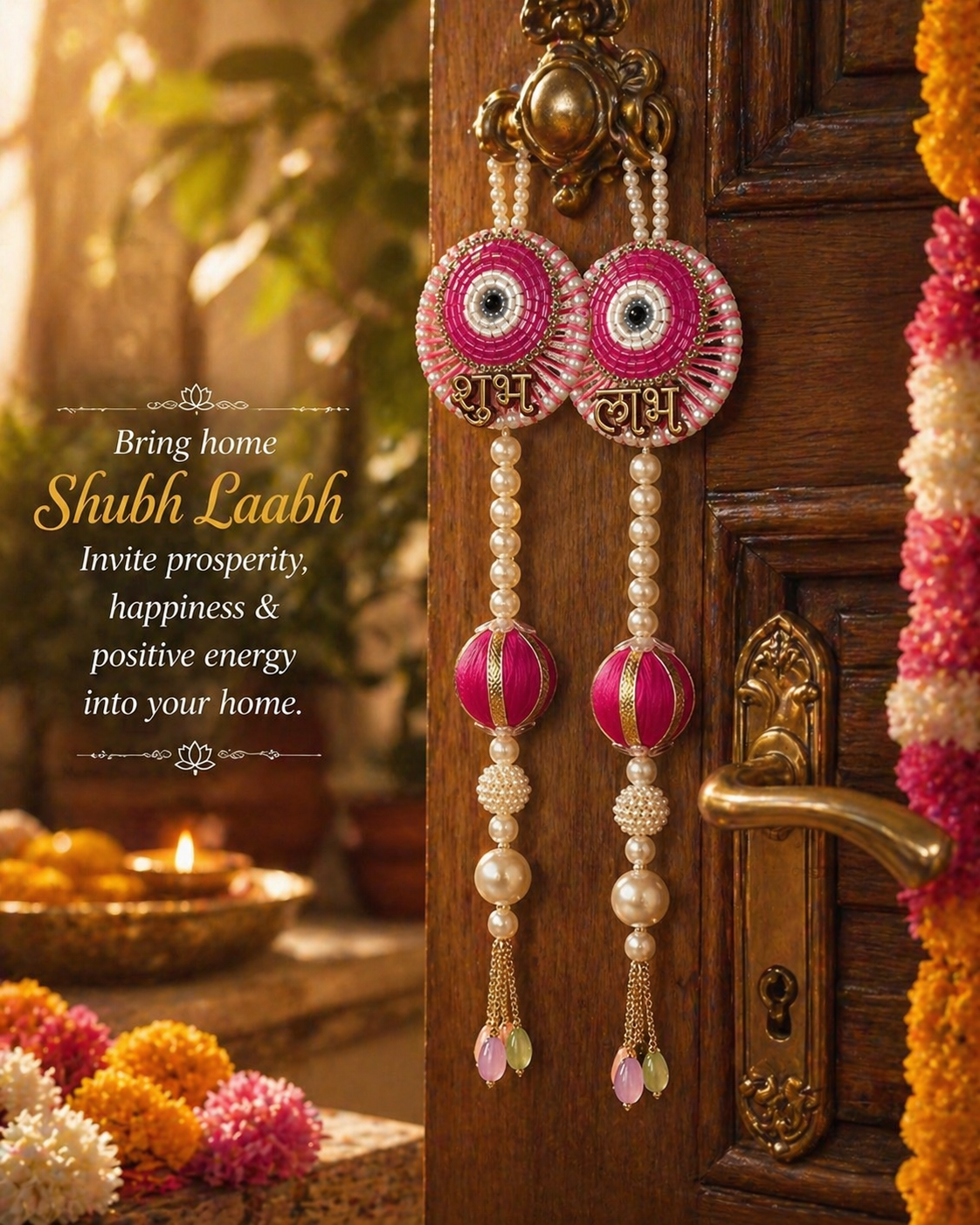 Shubh Shringar Creations Shubh Laabh Door Hanging, Pink, Premium Beads with Pearls and Metal Texture, 25 x 5 cm (Smalll Size), 1 Pair