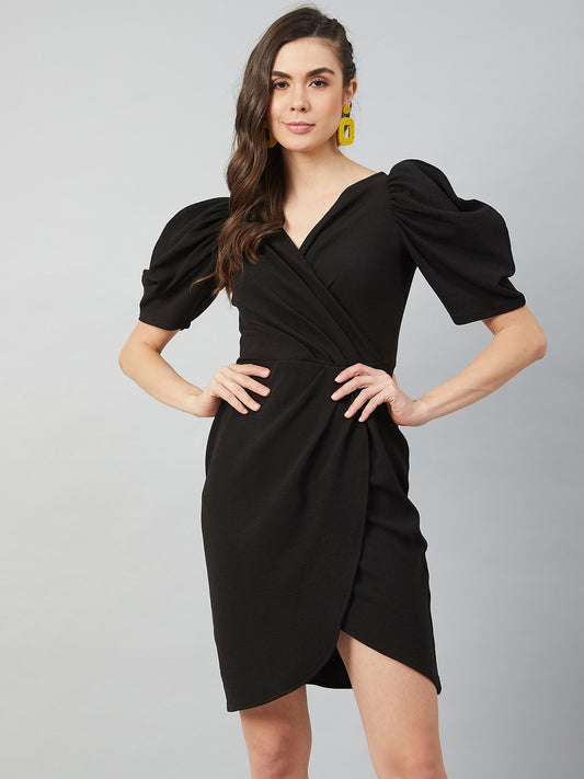 Black Tulip Wrap Dress With Volume Sleeves